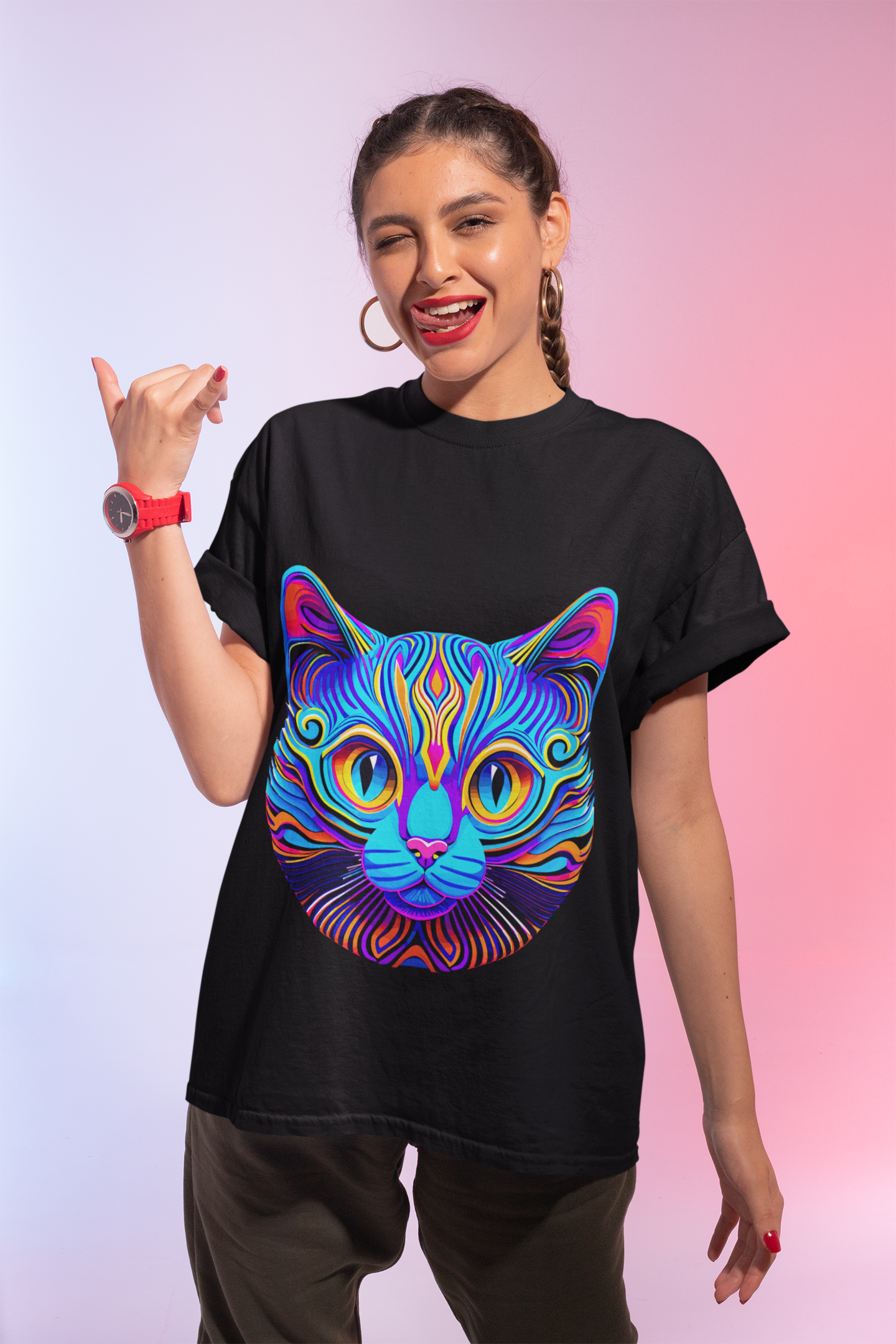 Psychedelic Synthwave Cat Unisex T-Shirt | Cat Rebel Frequency