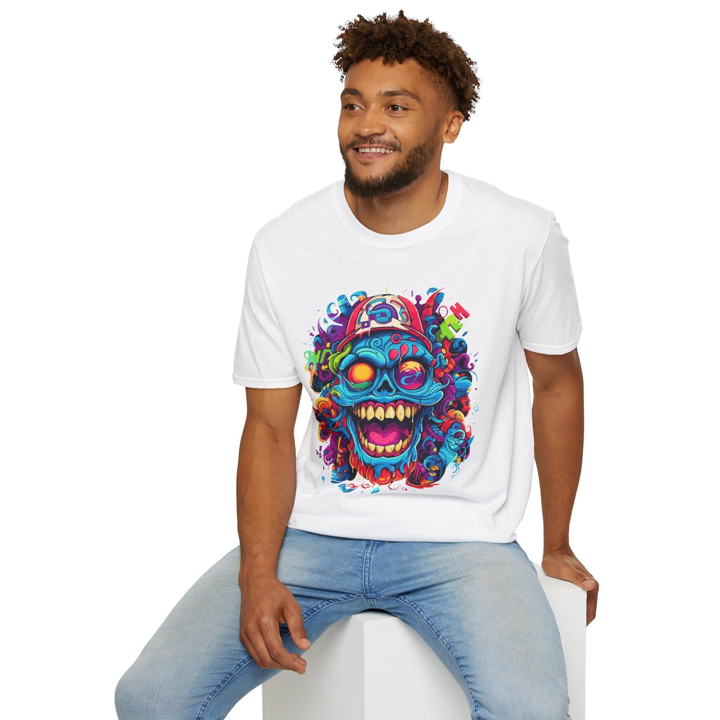 Psychedelic Happy Skull Graphic Unisex Softstyle T-Shirt | Happy Skull Rebel Frequency