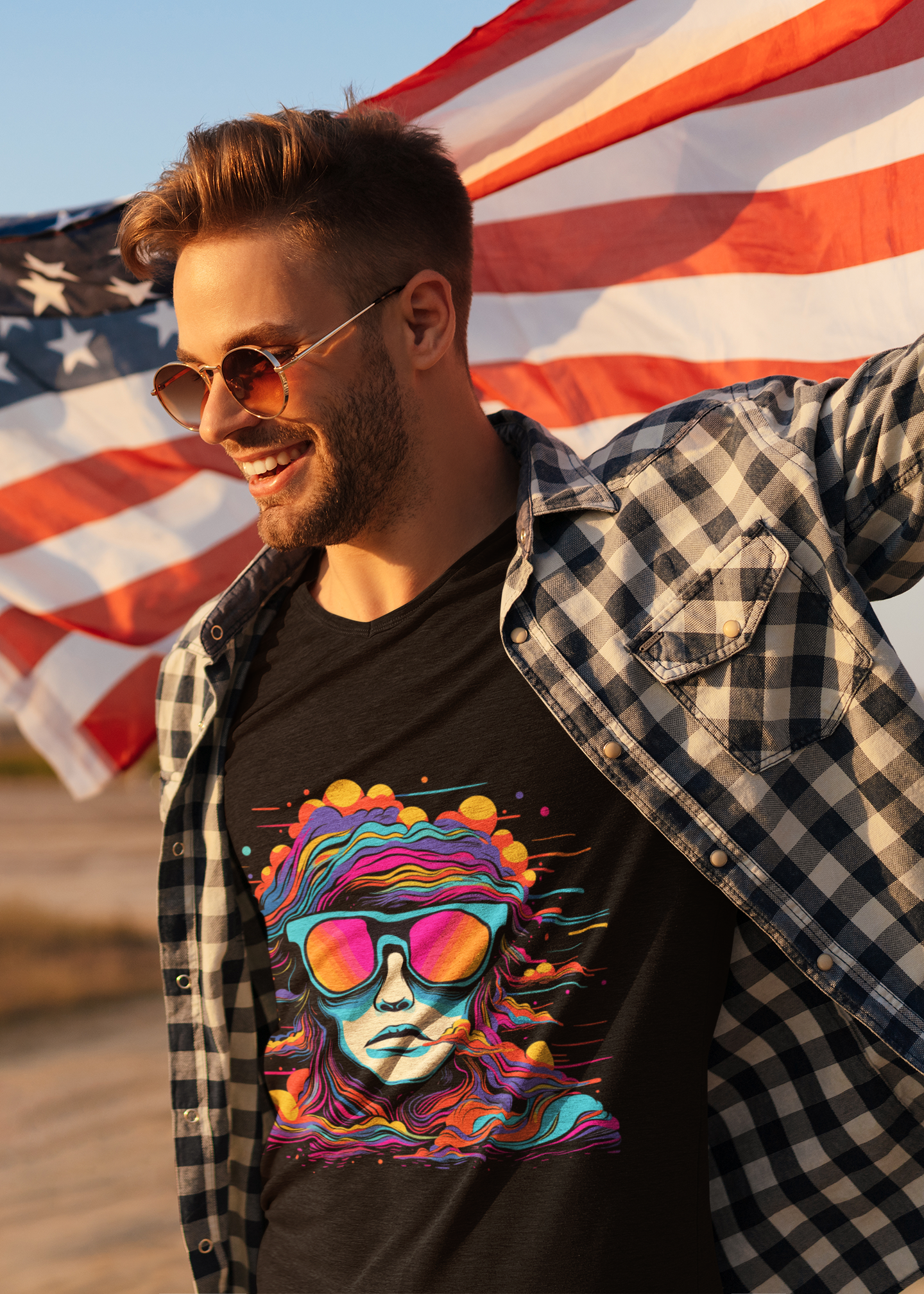 American Man with black graphic t-shirt