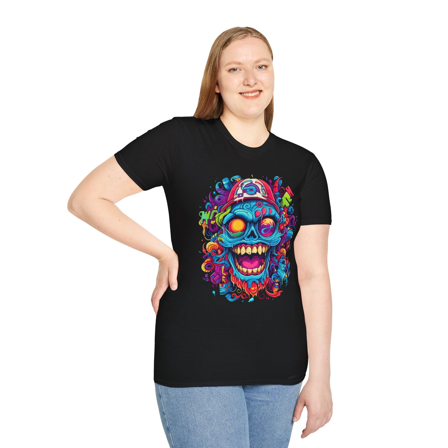 Psychedelic Happy Skull Graphic Unisex Softstyle T-Shirt - Happy Skull Rebel Frequency