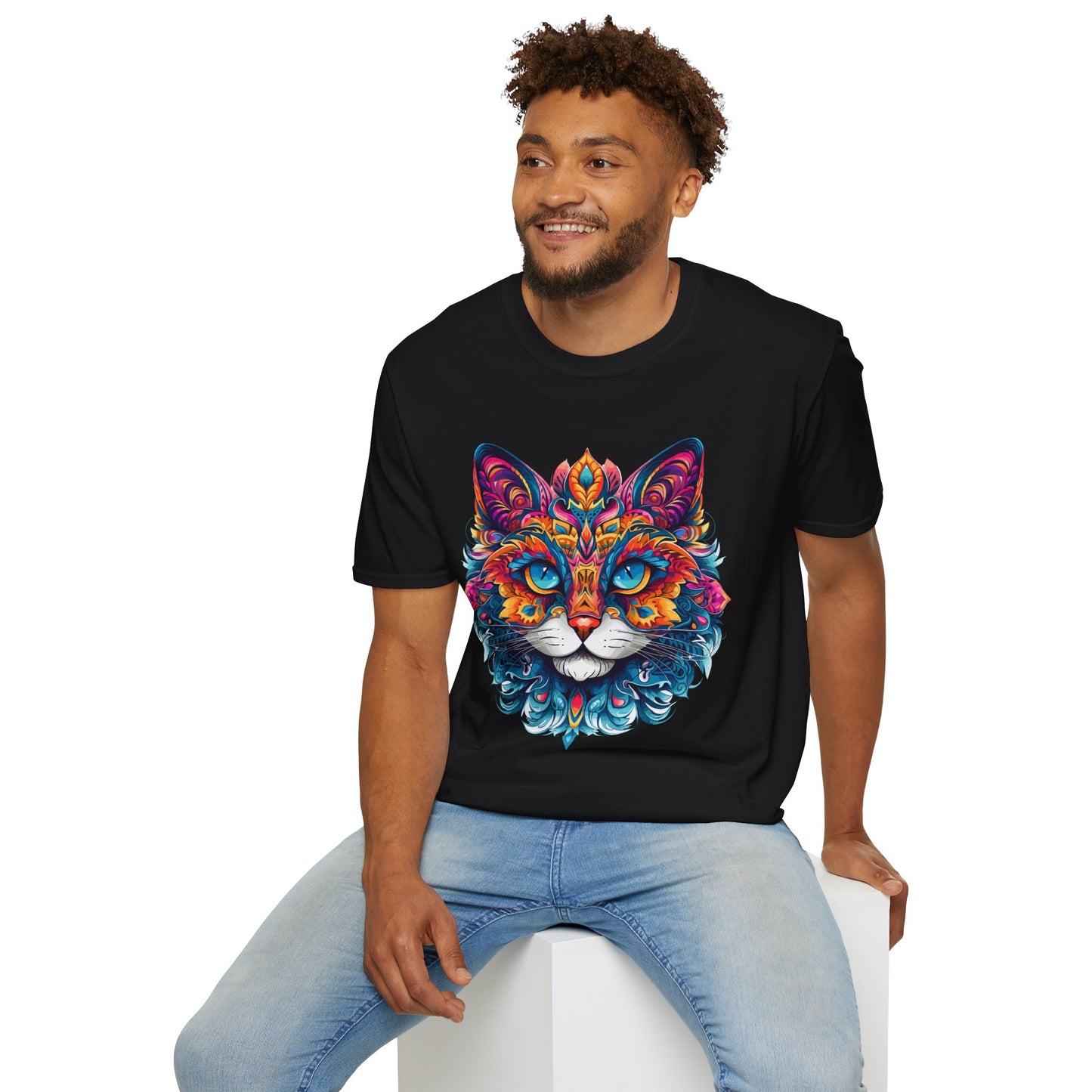 Psychedelic Cat Mandala Unisex Softstyle T-Shirt | Cat Rebel Frequency