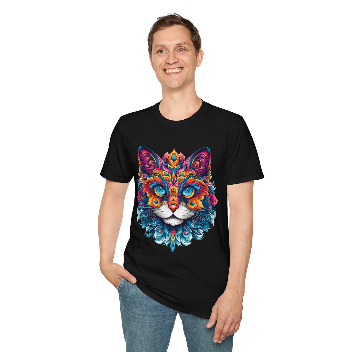 Psychedelic Cat Mandala Unisex Softstyle T-Shirt | Cat Rebel Frequency