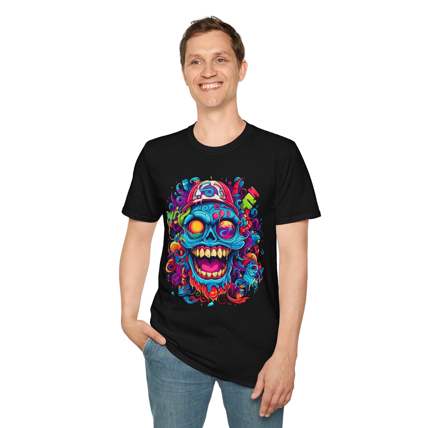 Psychedelic Happy Skull Graphic Unisex Softstyle T-Shirt - Happy Skull Rebel Frequency