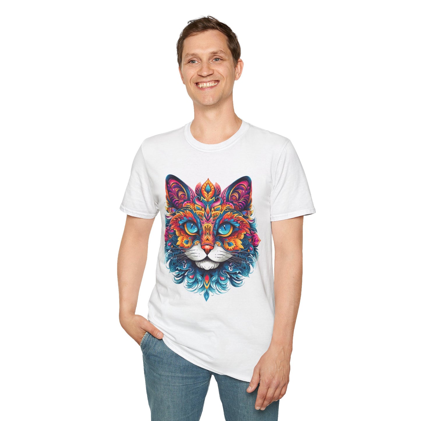 Psychedelic Cat Mandala Unisex Softstyle T-Shirt | Cat Rebel Frequency