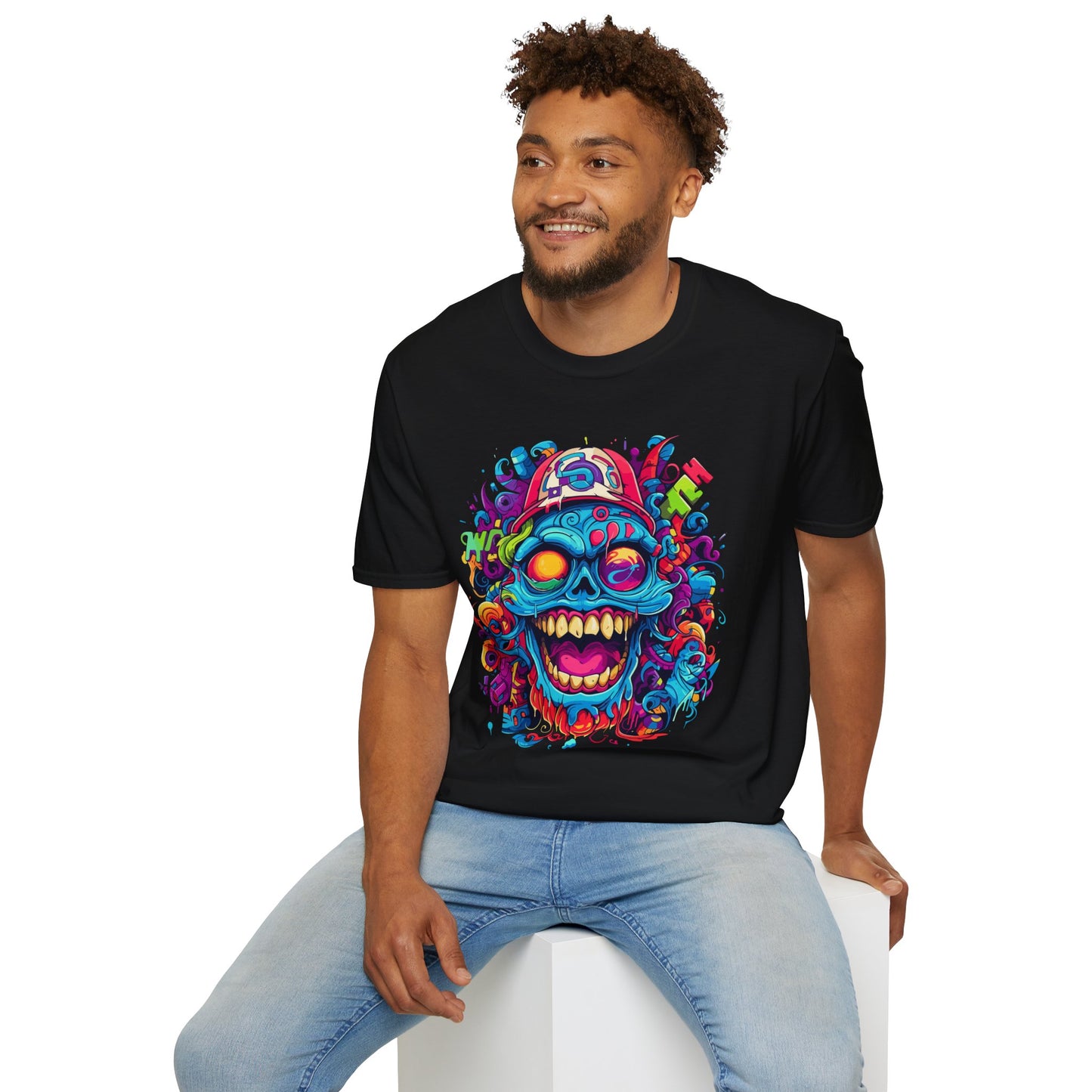 Psychedelic Happy Skull Graphic Unisex Softstyle T-Shirt - Happy Skull Rebel Frequency