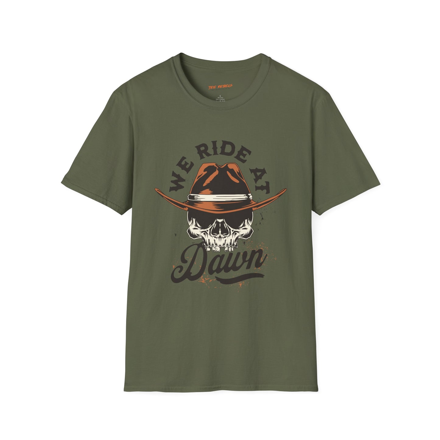 We Ride At Dawn Graphic Unisex Streetwear T-Shirt, Casual Graphic Tee, Skull Cowboy Graphic T-Shirt