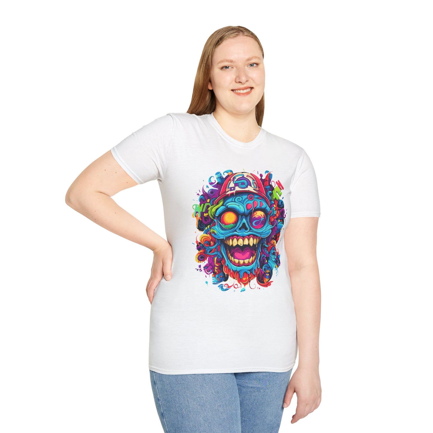 Psychedelic Happy Skull Graphic Unisex Softstyle T-Shirt - Happy Skull Rebel Frequency