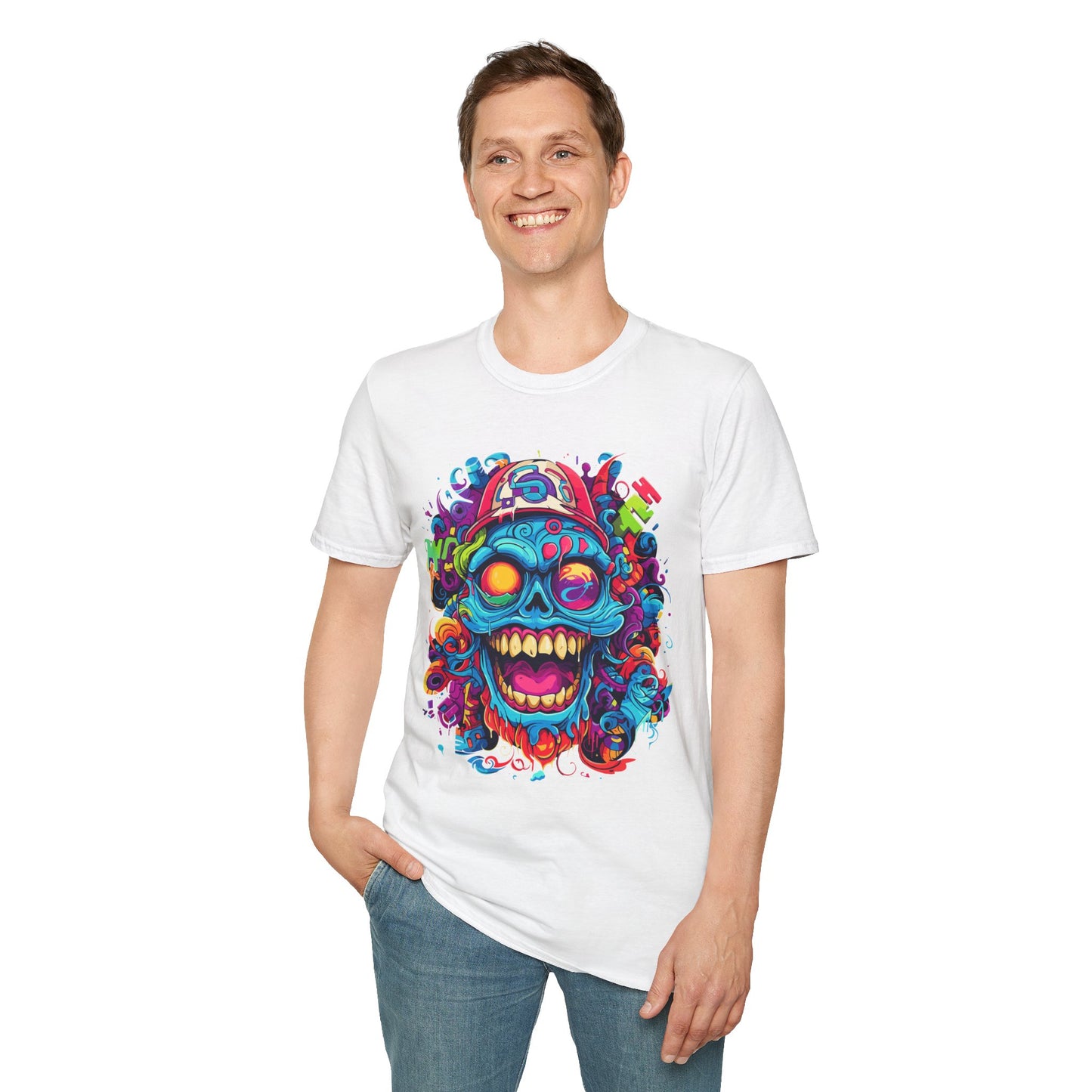 Psychedelic Happy Skull Graphic Unisex Softstyle T-Shirt - Happy Skull Rebel Frequency