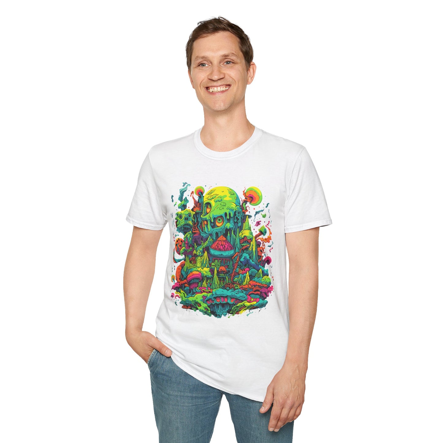 Psychedelic Fantasy Mushroom Art Unisex Softstyle Tee | Mushroom Rebel Frequency