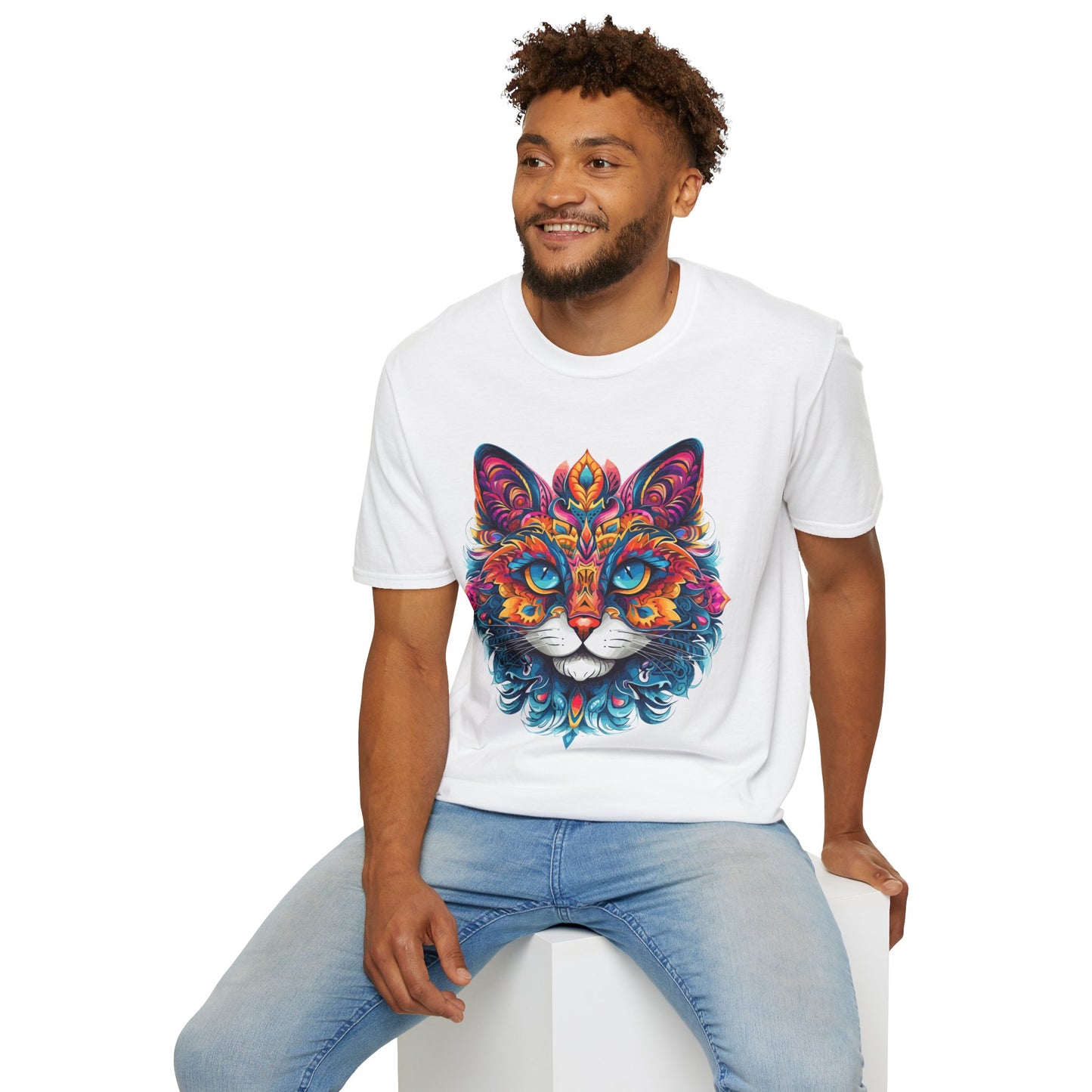 Psychedelic Cat Mandala Unisex Softstyle T-Shirt | Cat Rebel Frequency